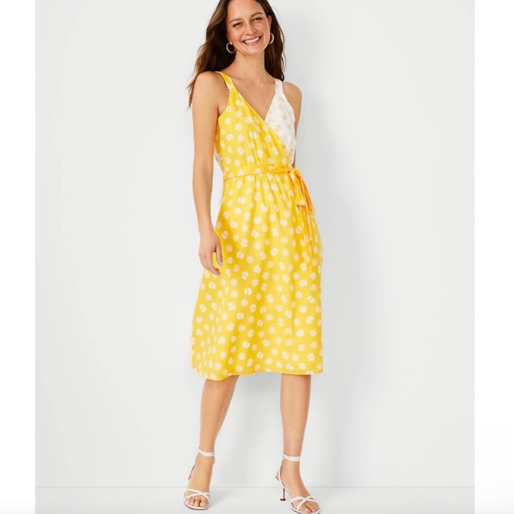 Ann Taylor Seashell Wrap Midi Dress Yellow & White Size Small